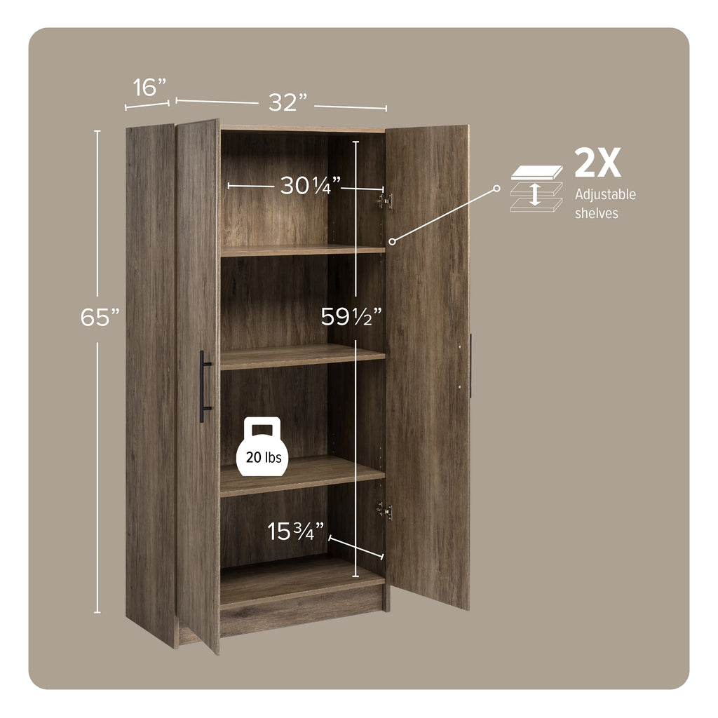 Prepac Adjustable Shelves Cabinet - Functional Tall Garage Table, 16"D x 32"W x 65"H Freestanding Garage Cabinet with 2-Doors, Light Gray - GES-3264