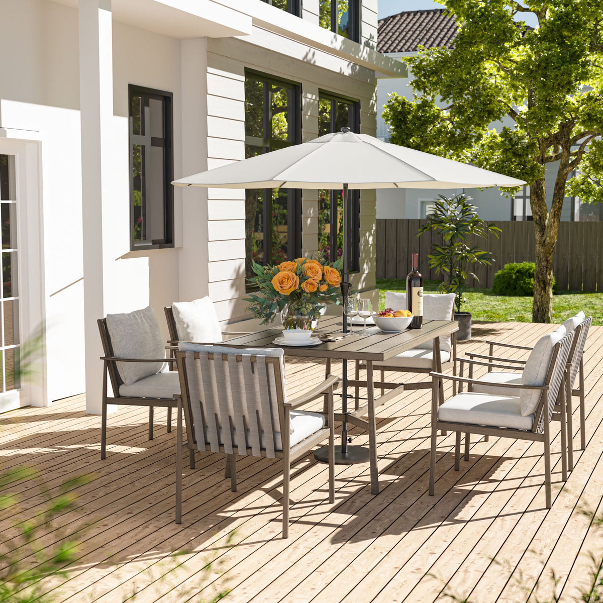 HAPPATIO 7-Piece Outdoor Dining Set for 6, Aluminum Patio Dining Set Includes 6 Dining Chairs and 1 Large Rectangular Table with Umbrella Hole, Patio Furniture Set for Lawn, Porch, Backyard, Grey
