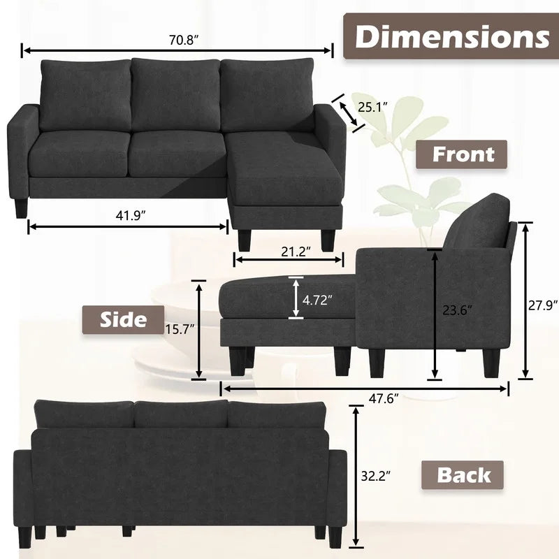 Homall Convertible Sectional Sofa Couch, Modern Linen Fabric L-Shaped Couch 3-Seat Sofa Sectional with Reversible Chaise for Small Living Room, Apartment and Small Space, Dark Gray