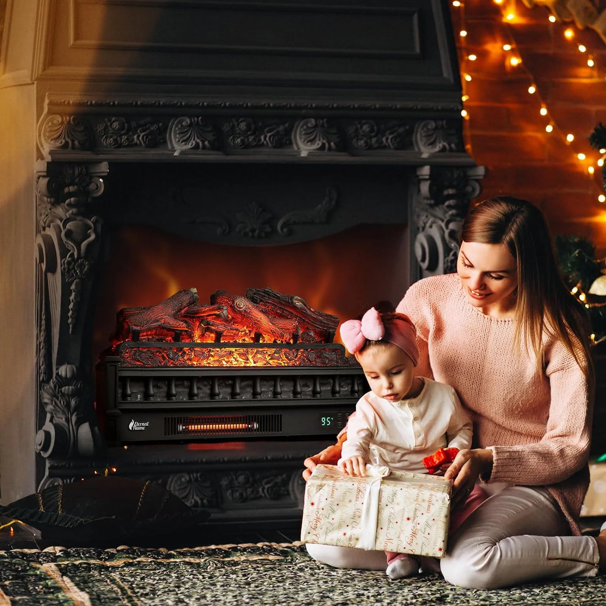 TURBRO Eternal Flame 26 in. WiFi Infrared Quartz Electric Fireplace Log Heater with Sound Crackling, Realistic Pinewood Logs, Adjustable Flame Colors, Remote Control, Thermostat, Timer, 1500W Bronze