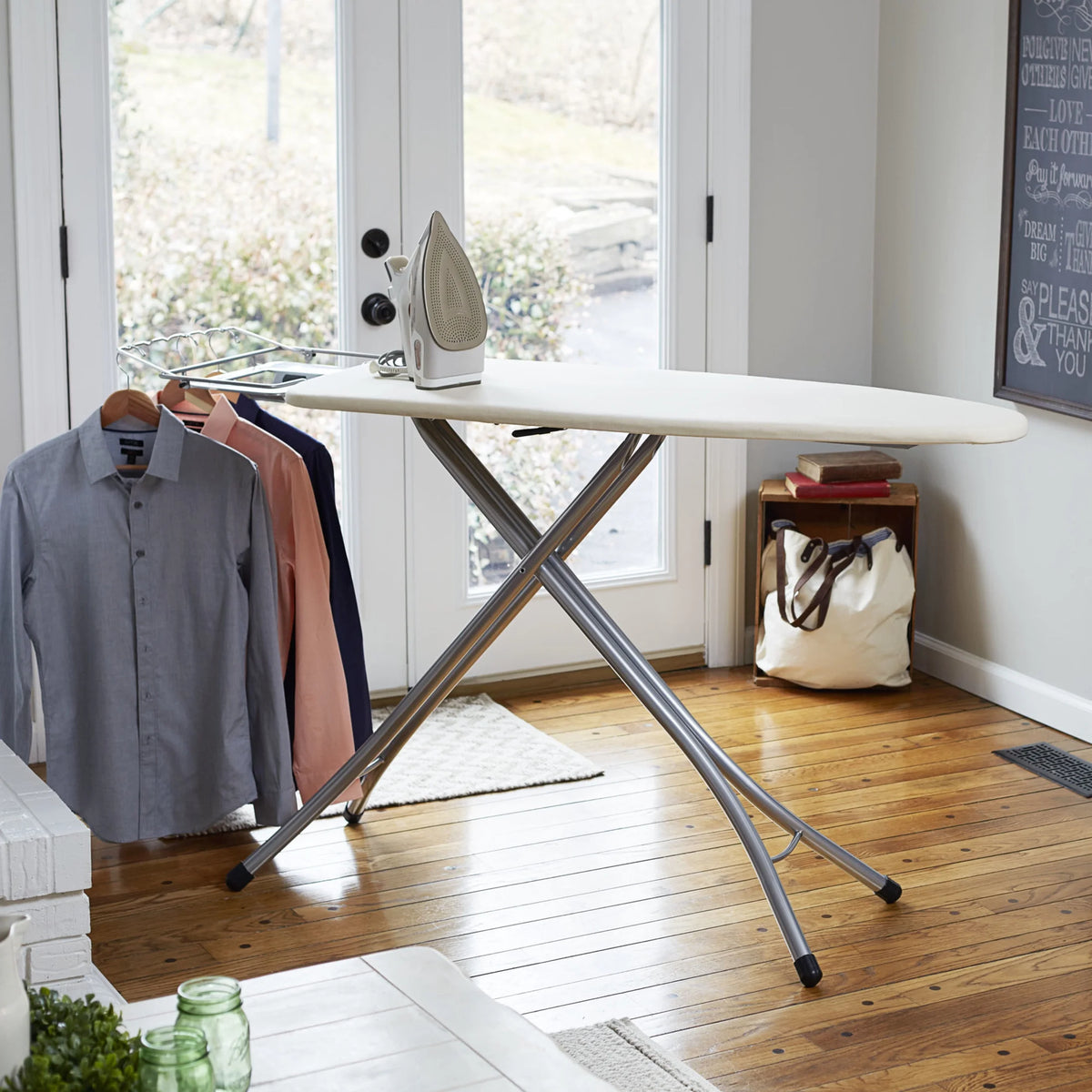 Household Essentials Wide Mega Ironing Board 4-Leg, Steel Top Pressing Station, Heat-Resistant Fiber Pad and Cotton Cover, Includes Sleeve Board and Iron Rest with Hanger Bar, Silver Frame