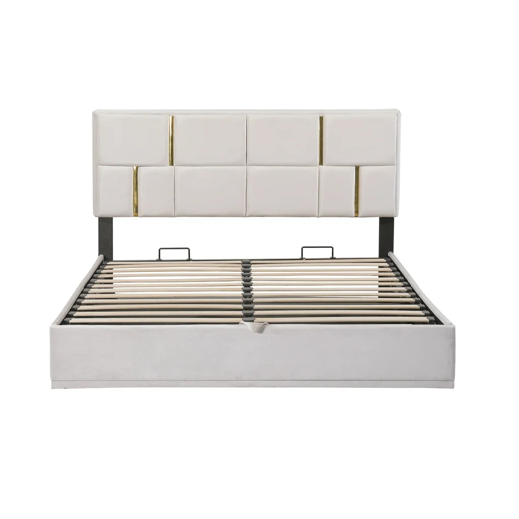 2-Pieces Bedroom Sets, Queen Size Upholstered Platform Bed with Hydraulic Storage System,Storage Ottoman with Metal Legs, 2 Piece Wood Bedroom Furniture Set, Beige