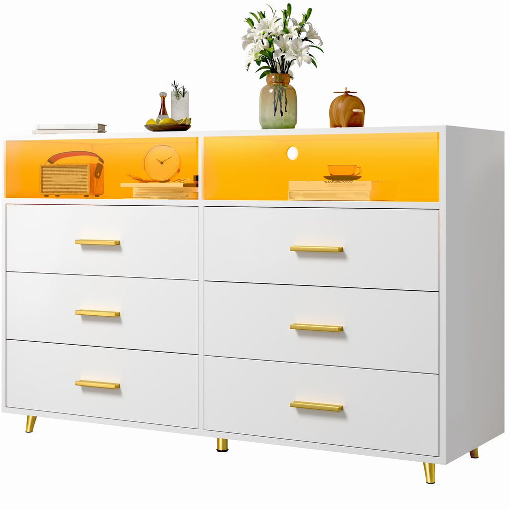 EnHomee Dresser with LED Lights Drawer Dresser with 6 Deep Drawers Wood Dresser for Bedroom TV Stand Dressers & Chests of Drawers Wide Led Dressers,Black