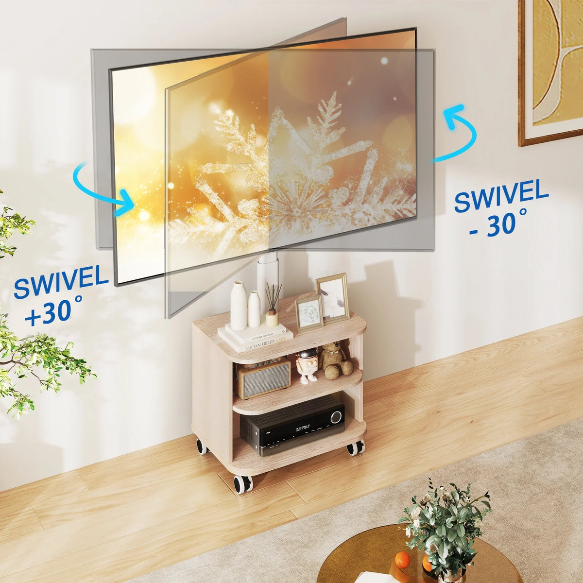 RTVR Modern 3-in-1 Flat Panel TV Stand for TVs up to 75 inch, Black Glass Shelves Table with Swivel Mount