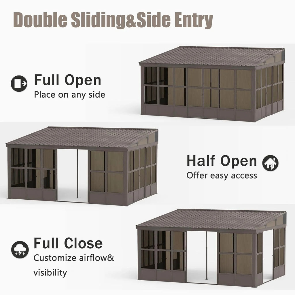 Domi Outdoor Living 10' x 12' Hardtop Lean-to Gazebo, Wall-Mounted with Galvanized Steel Roof Wall Pergola with Aluminum Frame, Curtains and Netting, for Patio, Deck, Garden, Backyard