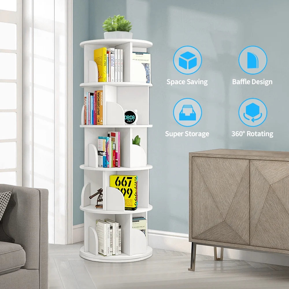 Bimiti 5 Tier Rotating Bookshelf, 360 Revolving Bookcase 20 Shelves Floor-Standing Storage Display Rack - White 63"x18"x18", Adult