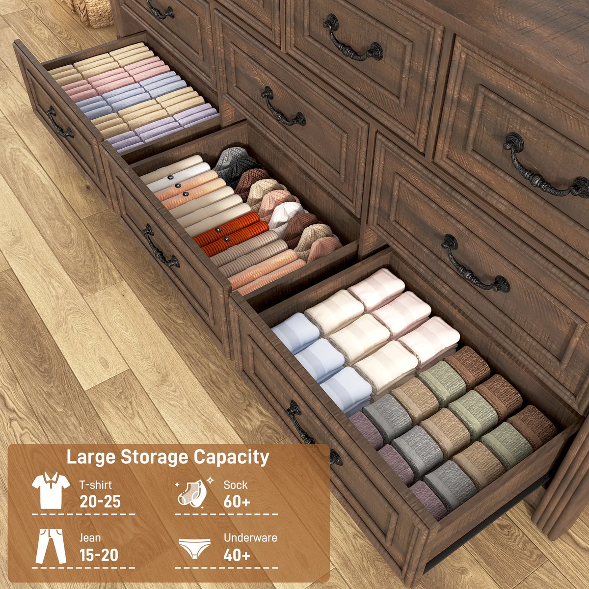 ChVans Farmhouse 12 Drawers Dresser for Bedroom, 63'' Wide Wood Rustic Chest of Drawers with Natural Texture, Vintage Design, Large Storage Dressers Organizer for Living Room, Hallway