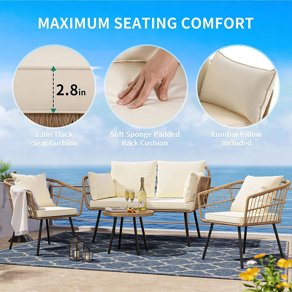 Dextrus 5 pieces Outdoor Dining Set, Patio Dining Sets with 4 Rattan Wicker Dining Chair and Round Table With Umbrella Hole, Sectional Conversation Set for Backyard, Balcony, Garden, Lawn