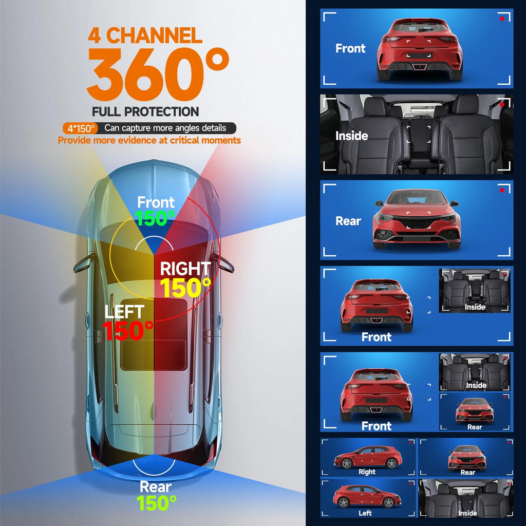 HUPEJOS Dash Cam 4 Channel, 360 Car Camera with 64GB Card, Voice Control, 2K/1080P Dashcam for Car Front and Rear Inside, IR Night Vision, WiFi & APP Supported, Parking Mode, 3.16" IPS Screen