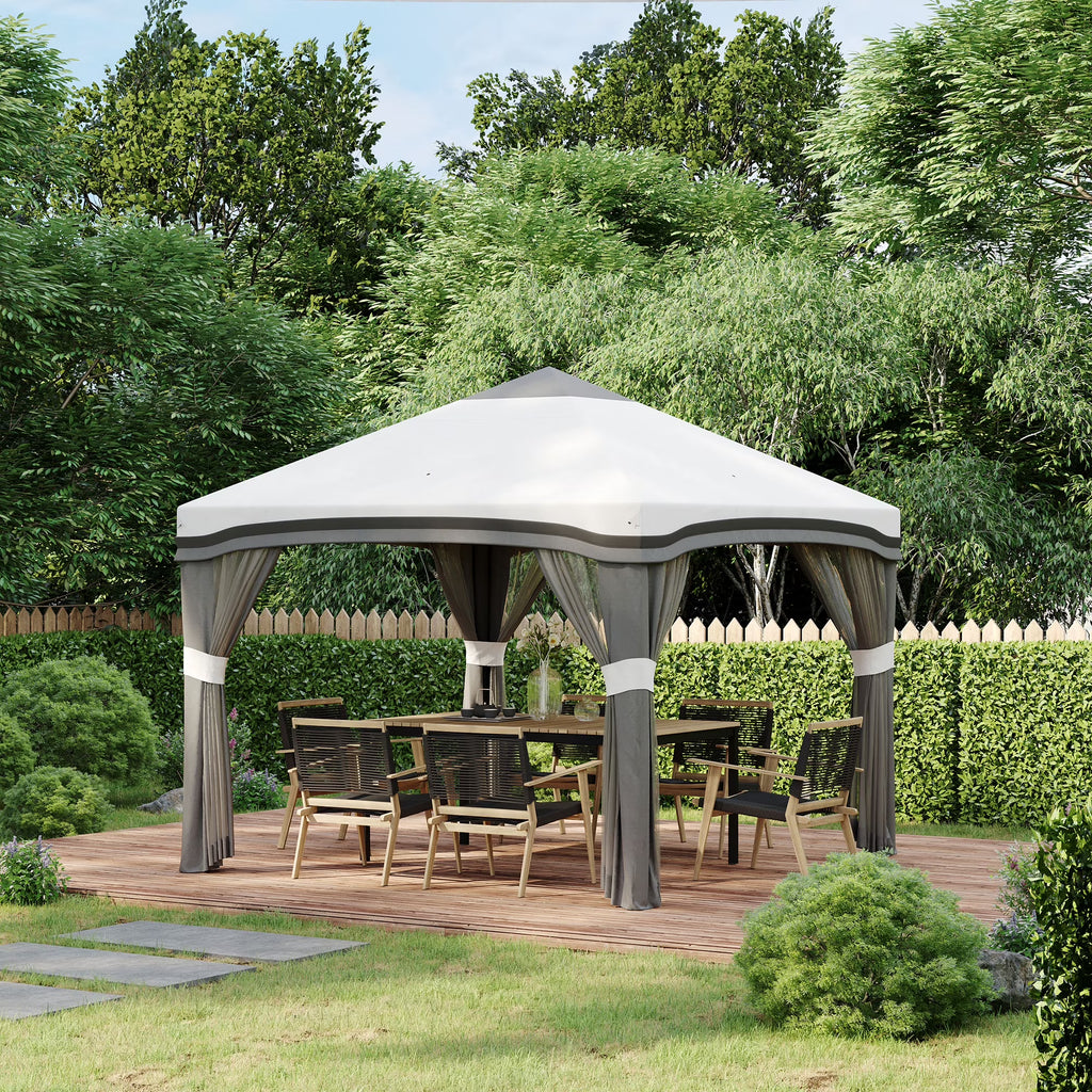Outsunny 10' x 10' Pop Up Canopy with Nettings, Foldable Party Tent with Wheeled Carry Bag and 4 Sand Bags, Beige