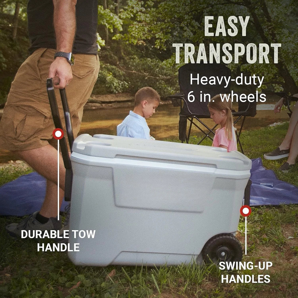 Classic Series Insulated Portable Rolling Cooler with Wheels, Leak-Resistant Outdoor Hard Cooler Keeps Ice up to 5 Days, 62-Quart