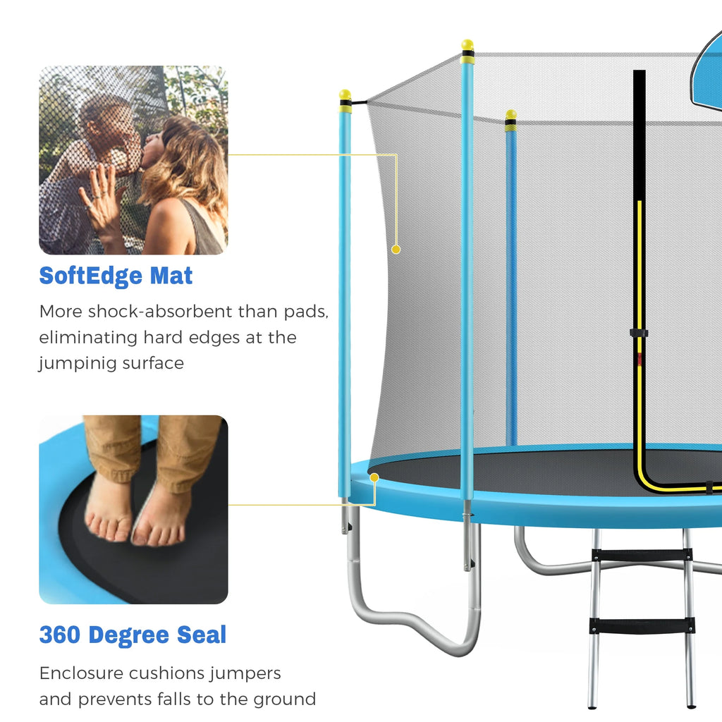EUROCO  8FT Trampoline for Kids with Safety Enclosure Net, Basketball Hoop and Ladder, Easy Assembly Round Outdoor Recreational Trampoline