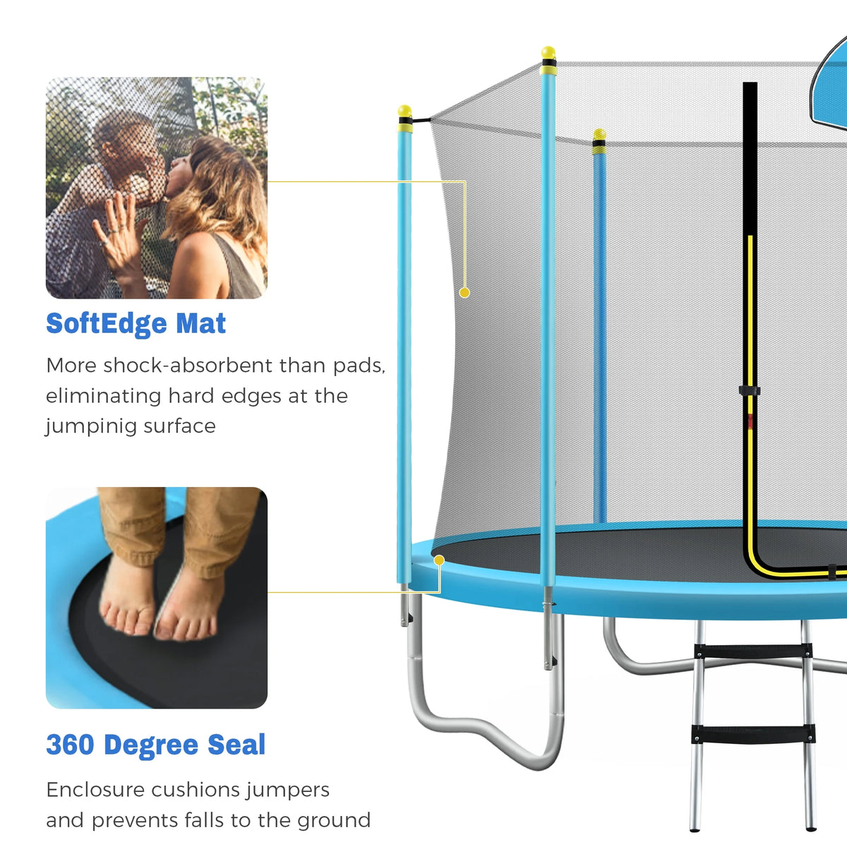 EUROCO  8FT Trampoline for Kids with Safety Enclosure Net, Basketball Hoop and Ladder, Easy Assembly Round Outdoor Recreational Trampoline