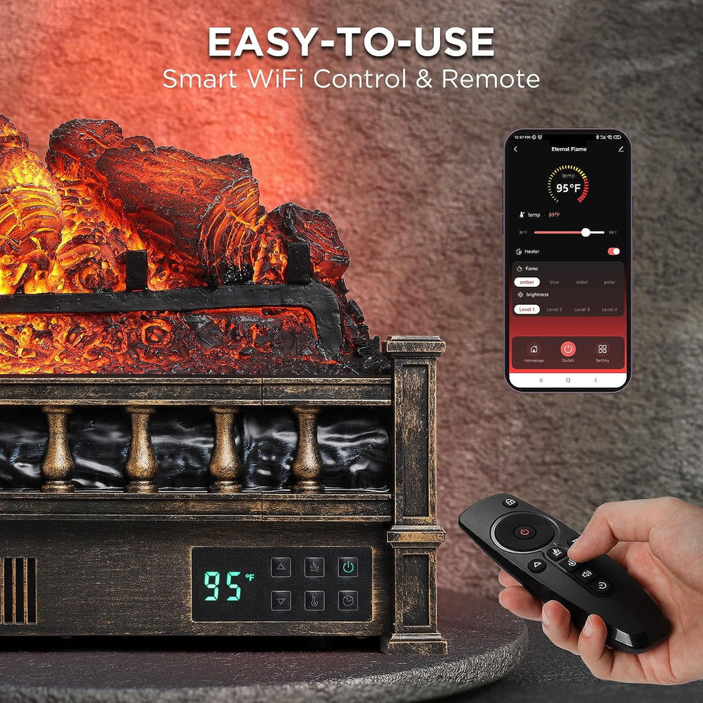 TURBRO Eternal Flame 26 in. WiFi Infrared Quartz Electric Fireplace Log Heater with Sound Crackling, Realistic Pinewood Logs, Adjustable Flame Colors, Remote Control, Thermostat, Timer, 1500W Bronze
