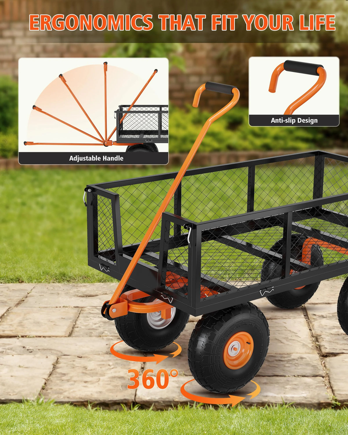 Heavy Duty Steel Garden Cart, Garden Wagon Cart on Wheels, Outdoor Metal Yard Utility Wagon Carts  w/Adjustable Handle & Removable Sides(Convert to Flatbed)