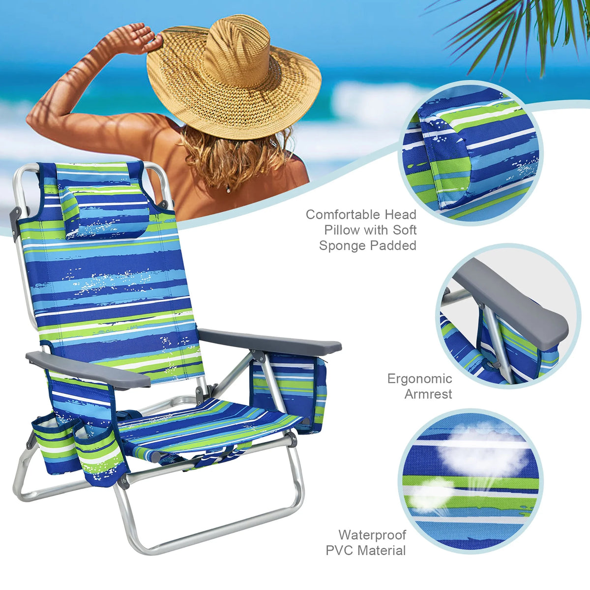 Costway 2-Pack Folding Backpack Beach Chair Table Set 5-Position Outdoor Reclining Chair Pink