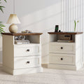 FIAKOA Night Stand Set of 2 with Charging Station, Bedside Table with 2 Drawers Storage and Open Shelf, White Farmhouse Nightstands  for Bedroom Office