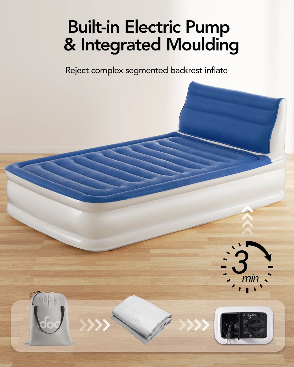 iDOO Full Headboard Air Mattress, 15" Inflatable Bed with Built-in Pump, 700lbs Max