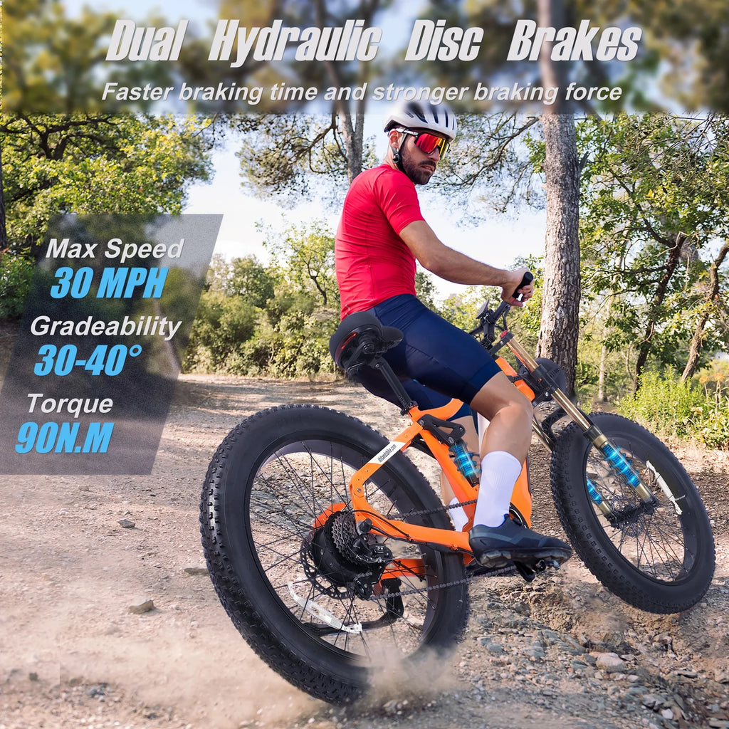 Electric Bike for Adults 26'', 1000W E-Mountain Bike 48V 30/20Ah UL2849 Removable Battery,Fat Tire Ebike up to 30MPH Off Road Beach Snow Electric Bicycles Full Suspension & Dual Hydraulic Disc Brakes