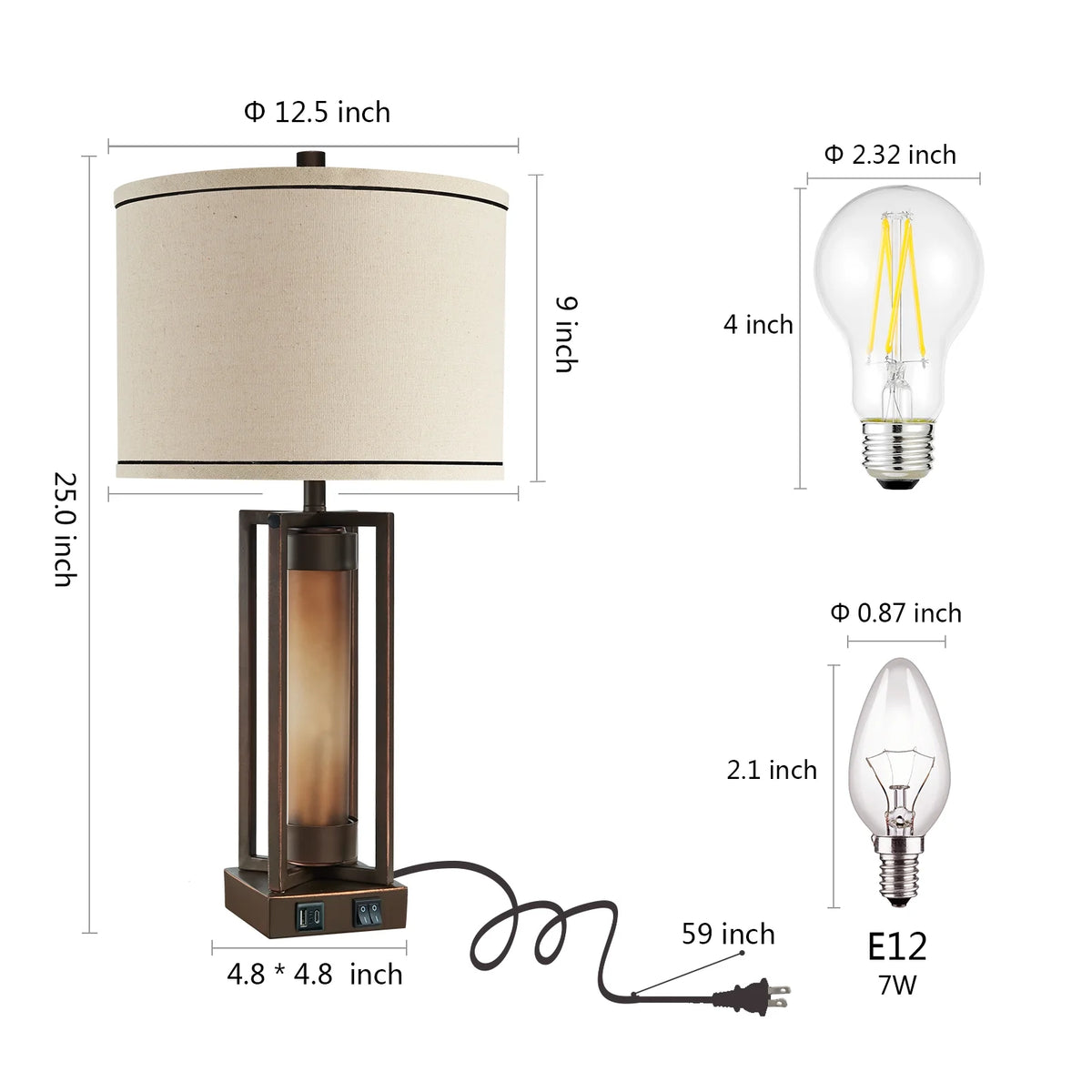 RORIA 24 Modern Living Room Table Lamp 2-Piece Set with 2 USB Charging Ports, Built-in White Frosted Glass with Night Light, Black Vintage Rustic Farmhouse Lamp for Bedroom Nightstand Lamps