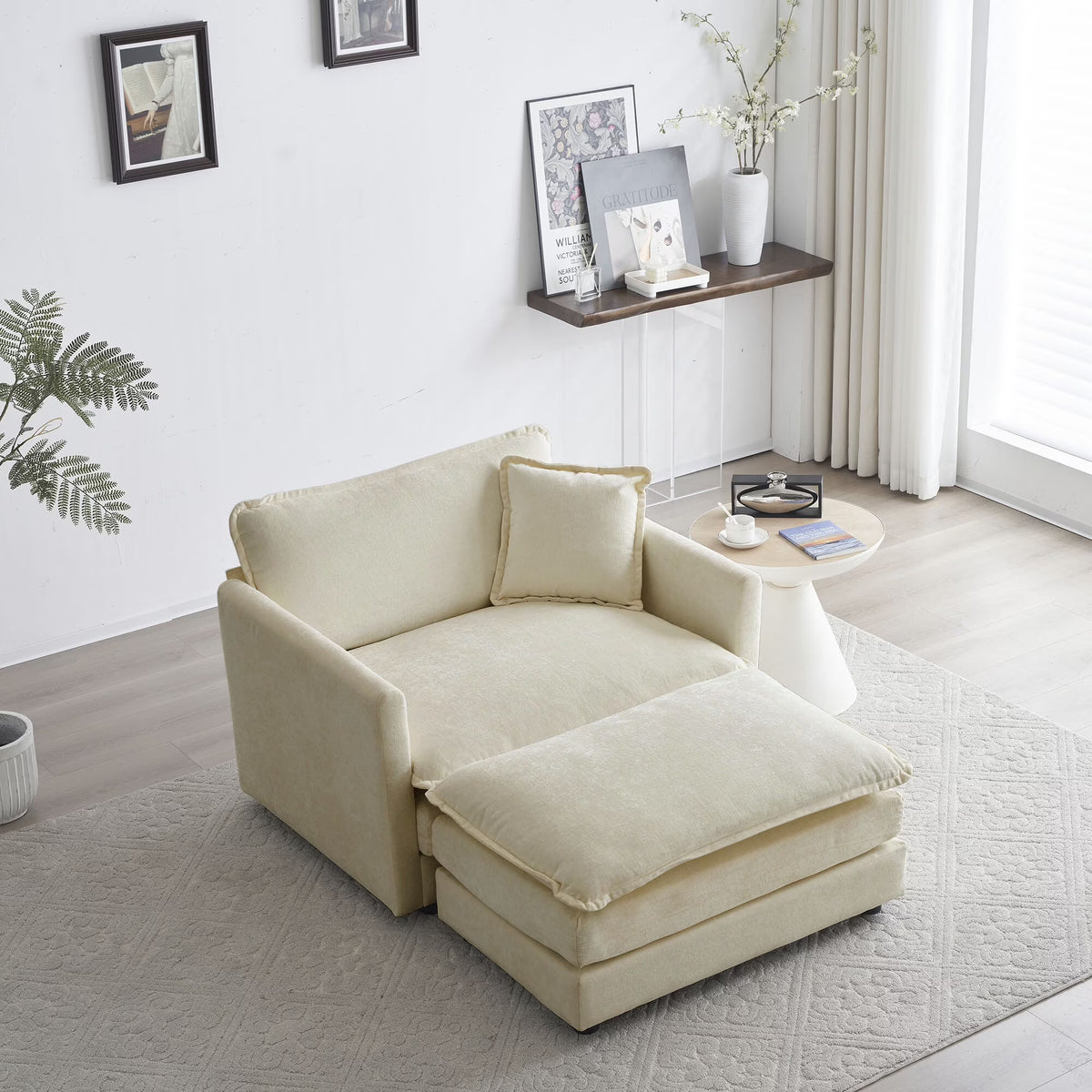 Comfy Deep Seat Sofa Chair, Upholstered Chenille Fabric Armchair with Toss Pillow for Living Room, Bedroom - Beige, Sturdy Wood Frame, 22+ Combination Options