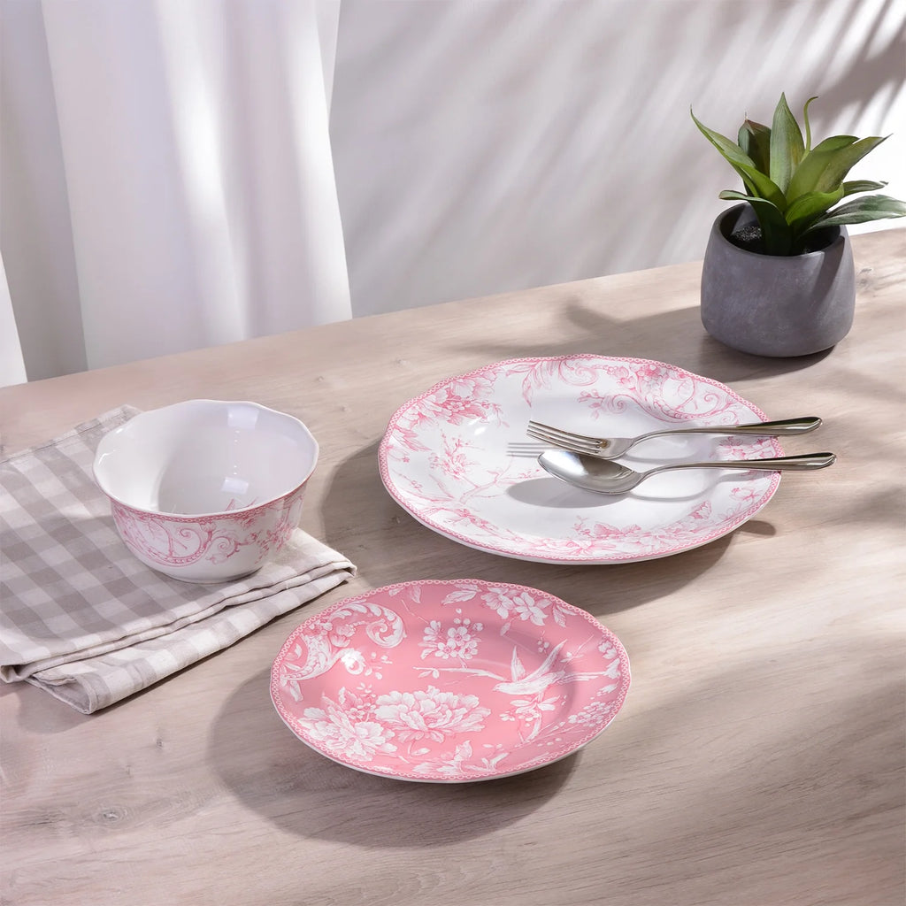 222 Fifth Adelaide Brown on White Porcelain 12 Piece Dinnerware Set, Plates & Bowls, Service for 4