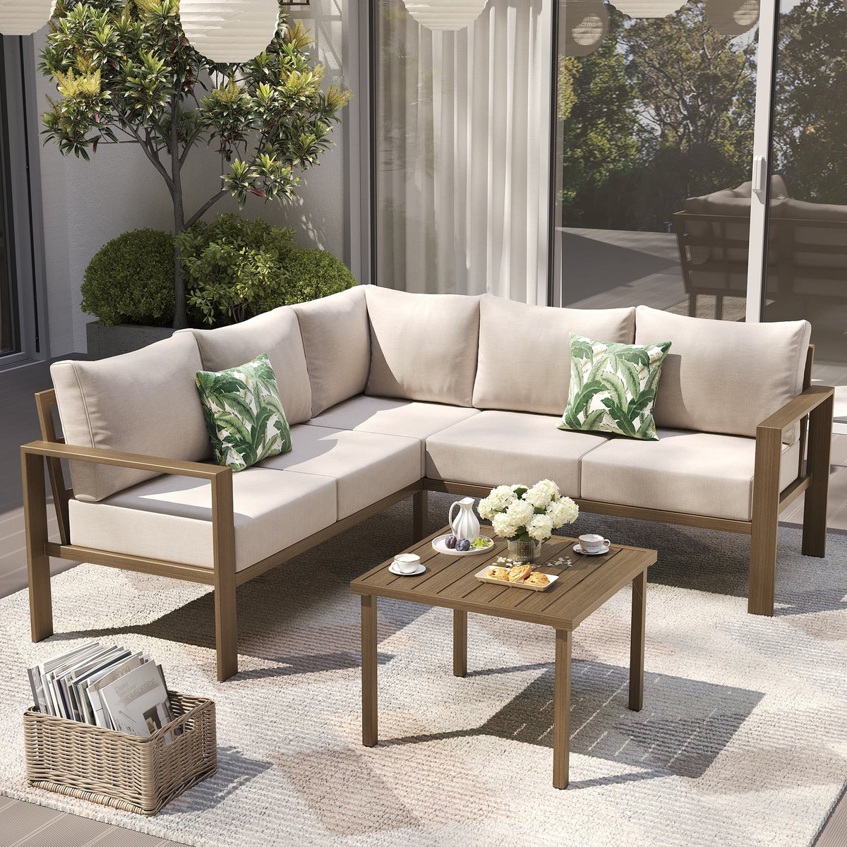 ELPOSUN 6 Pieces Patio Furniture Sets with 6" Thick Olefin Cushions, Metal Outdoor Sectional Furniture L Shape Patio Conversation Sets for Garden, Backyard Beige