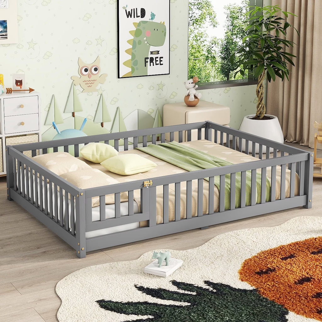 Bellemave Full Size Floor Bed with Door and Fence Floor Bed with Bed Slats Sturdy Wood Floor Bed Montessori Bed Frame (Full, Pink)