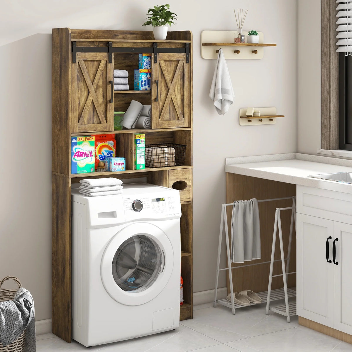 Over The Toilet Storage Cabinet, Farmhouse Storage Cabinet Over Toilet with Sliding Doors Home Space-Saving Toilet Rack, for Bathroom, Restroom, Laundry