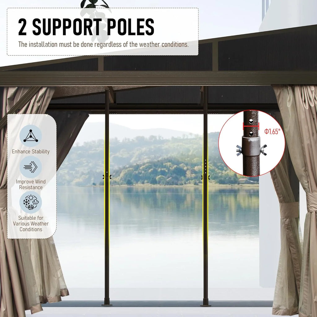 Domi Outdoor Living 10' x 12' Hardtop Lean-to Gazebo, Wall-Mounted with Galvanized Steel Roof Wall Pergola with Aluminum Frame, Curtains and Netting, for Patio, Deck, Garden, Backyard