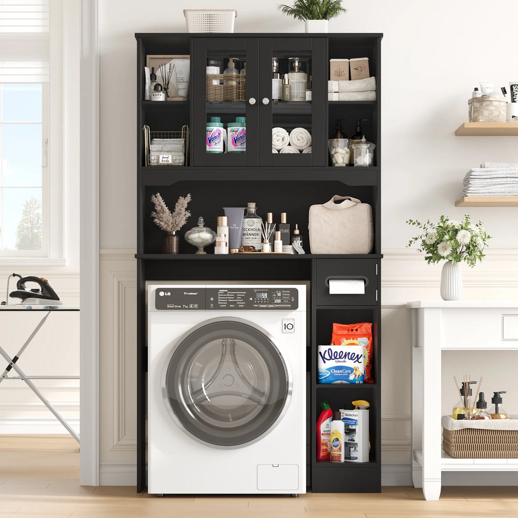 Homfa Over The Toilet Storage Cabinet with Toilet Paper Holder Stand, Above Toilet Organizer with Glass Doors, Behind Toilet Shelf for Restroom, Bathroom, Laundry, White