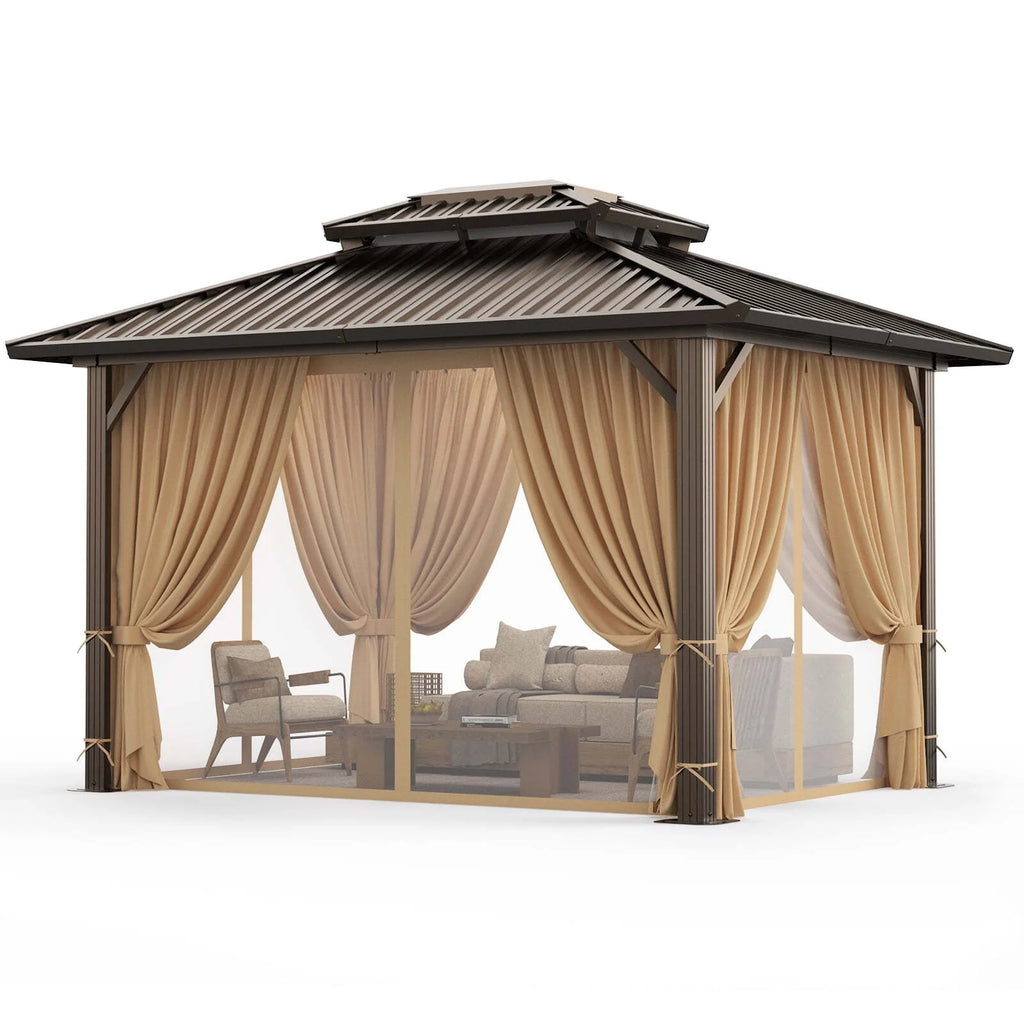 COBIZI 10x12 Hardtop Gazebo Aluminum Gazebos with Galvanized Steel Double Roof Metal Gazebo with Curtains and Netting Permanent Steel Gazebo for Backyard, Garden and Patio, Brown