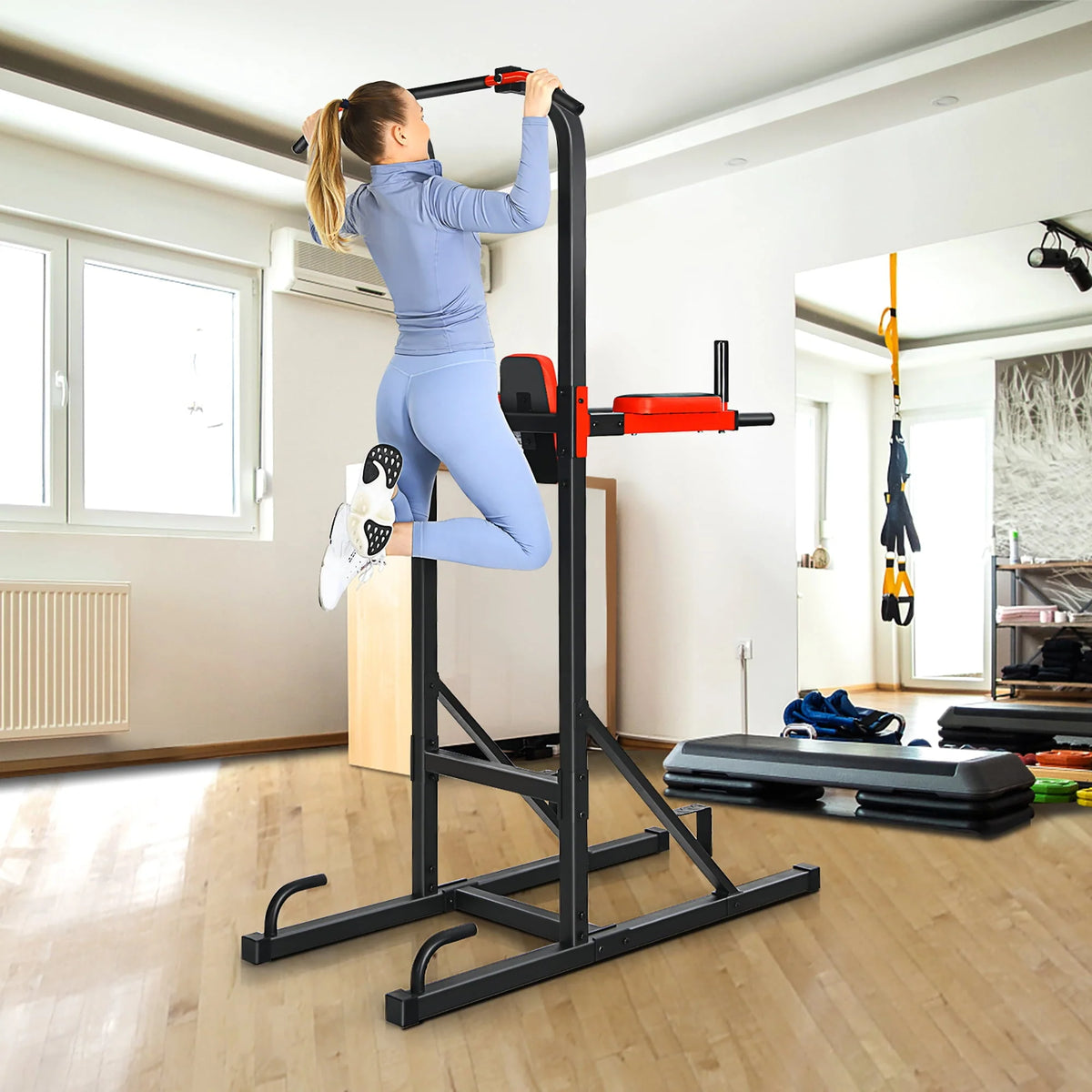 Goplus Multi-function Power Tower Pull Up Bar Dip Stand Home Gym Full-body Workout