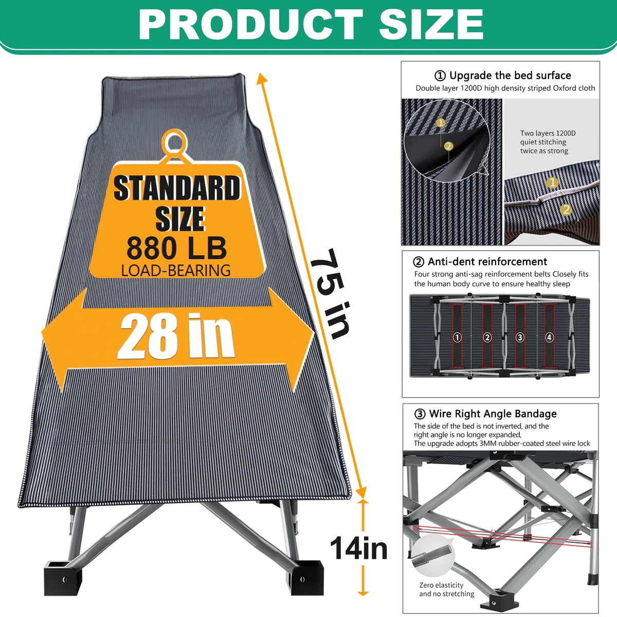 Slsy Folding Camping Cot for Adults, Folding Cot Bed for Sleeping with 2 Sided Mattress & Carry Bag, Tent Cot, Supports 880 lbs