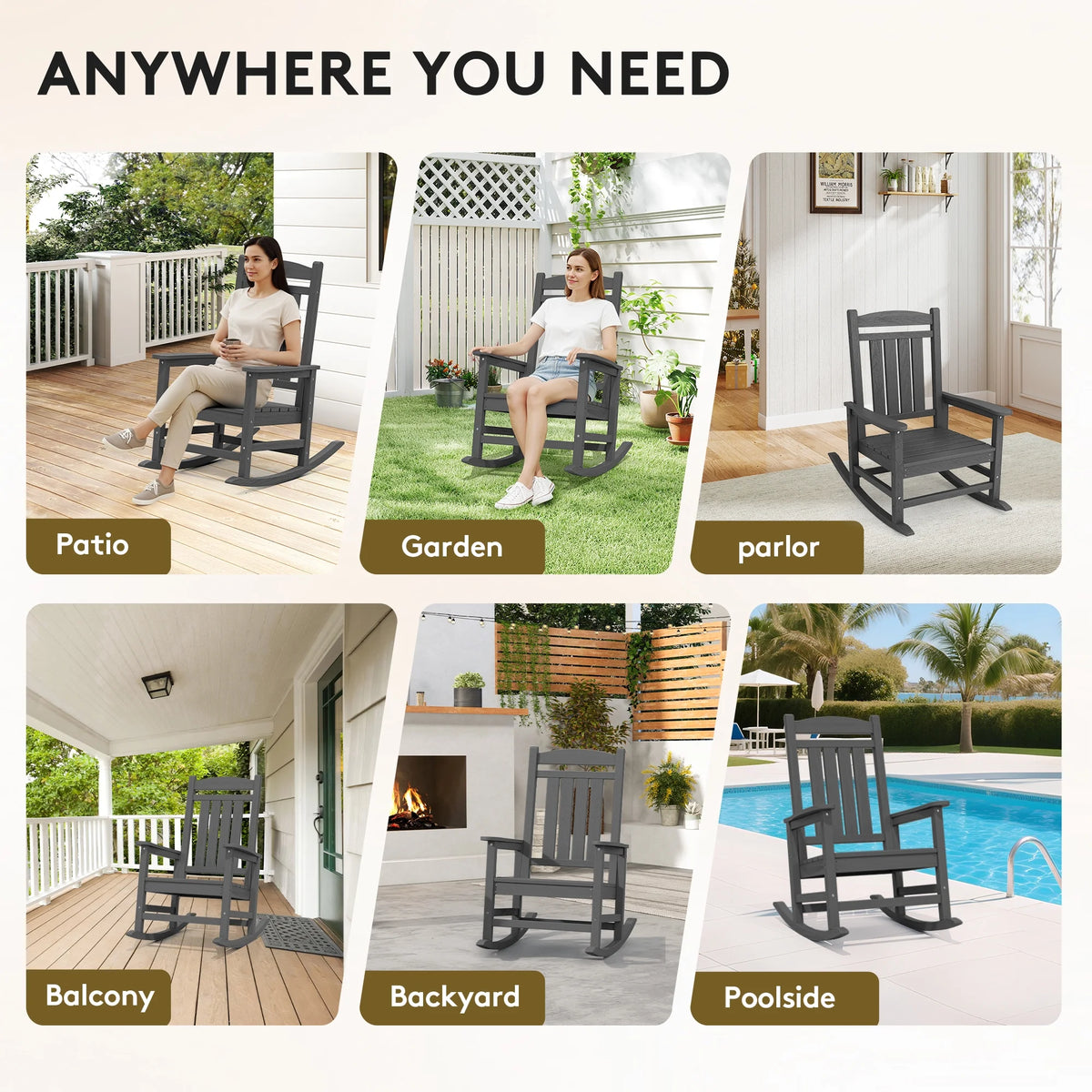 KINGYES Outdoor Rocking Chair Set of 2, HDPE Patio Rocking Chair, Heavy Duty Front Porch Rocker, Navy