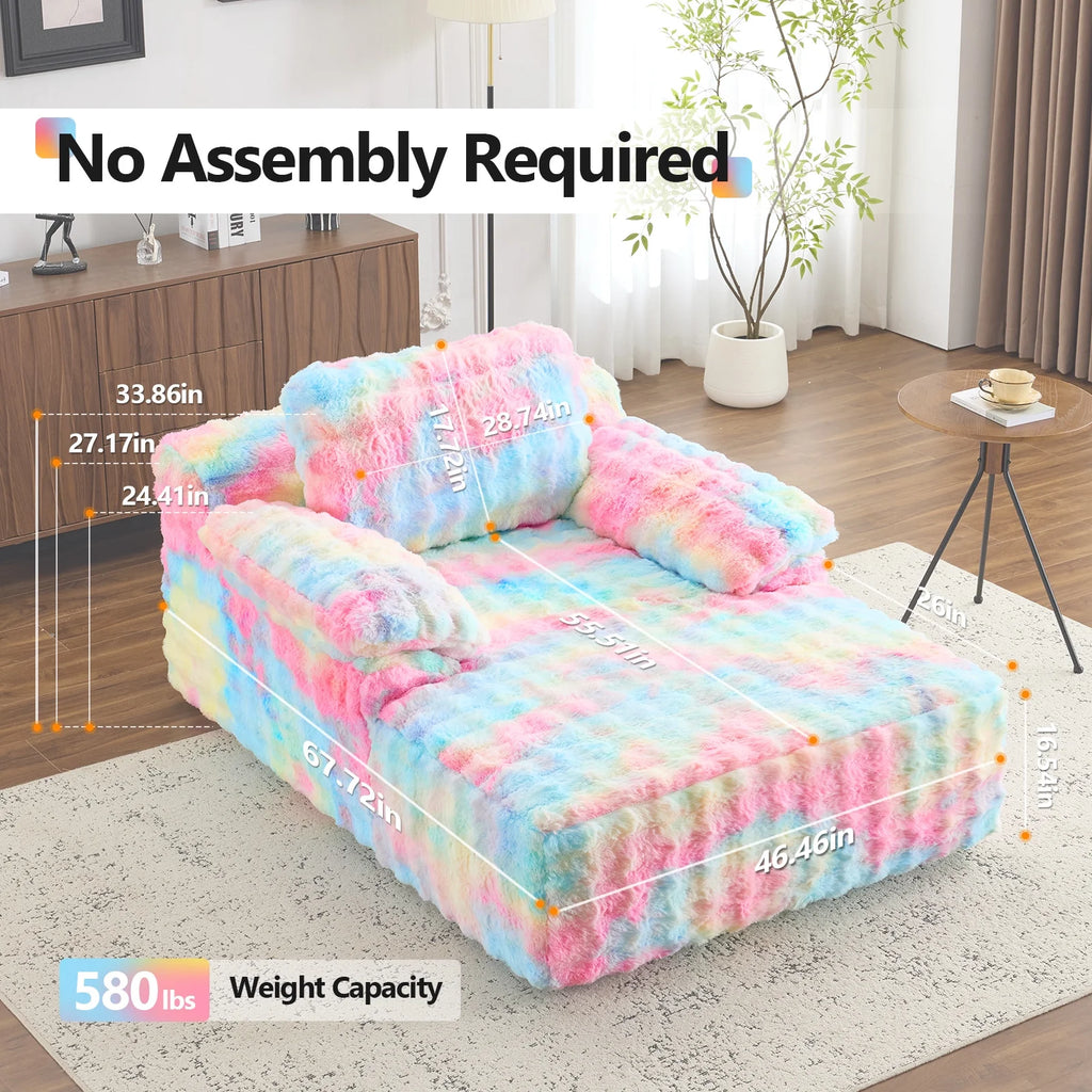 Ktaxon 68" Lounge Chair, Bubble Fleece Fabric Sofa Bed, Boneless Sleeper Chaise with Removable Backrest & Pillow-Top Armrests for Living Room White