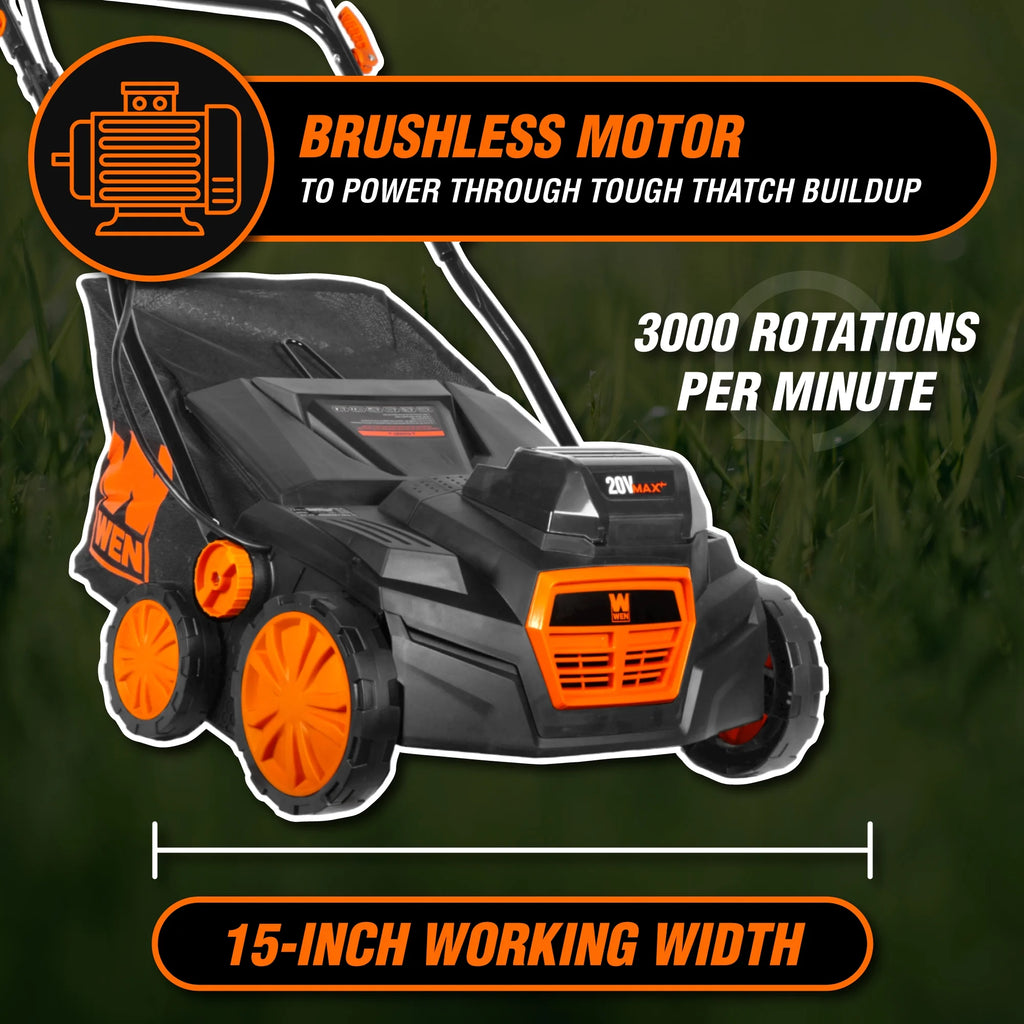 WEN 15" 20V Cordless Electric Dethatcher and Scarifier Walk-Behind Lawn Mower