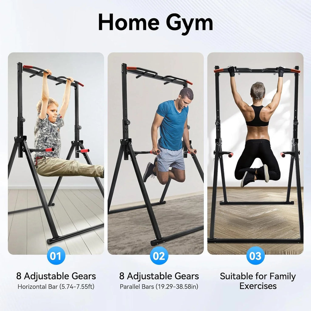 Power Tower Pull Up Bar Station Foldable Pull Up Rack Dip Station 5.74-7.55ft Height Adjustable Home Strength Training Fitness Workout Equipment, Up to 440lbs (With double bars)