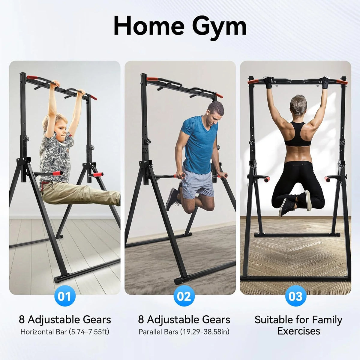 Power Tower Pull Up Bar Station Foldable Pull Up Rack Dip Station 5.74-7.55ft Height Adjustable Home Strength Training Fitness Workout Equipment, Up to 440lbs (With double bars)