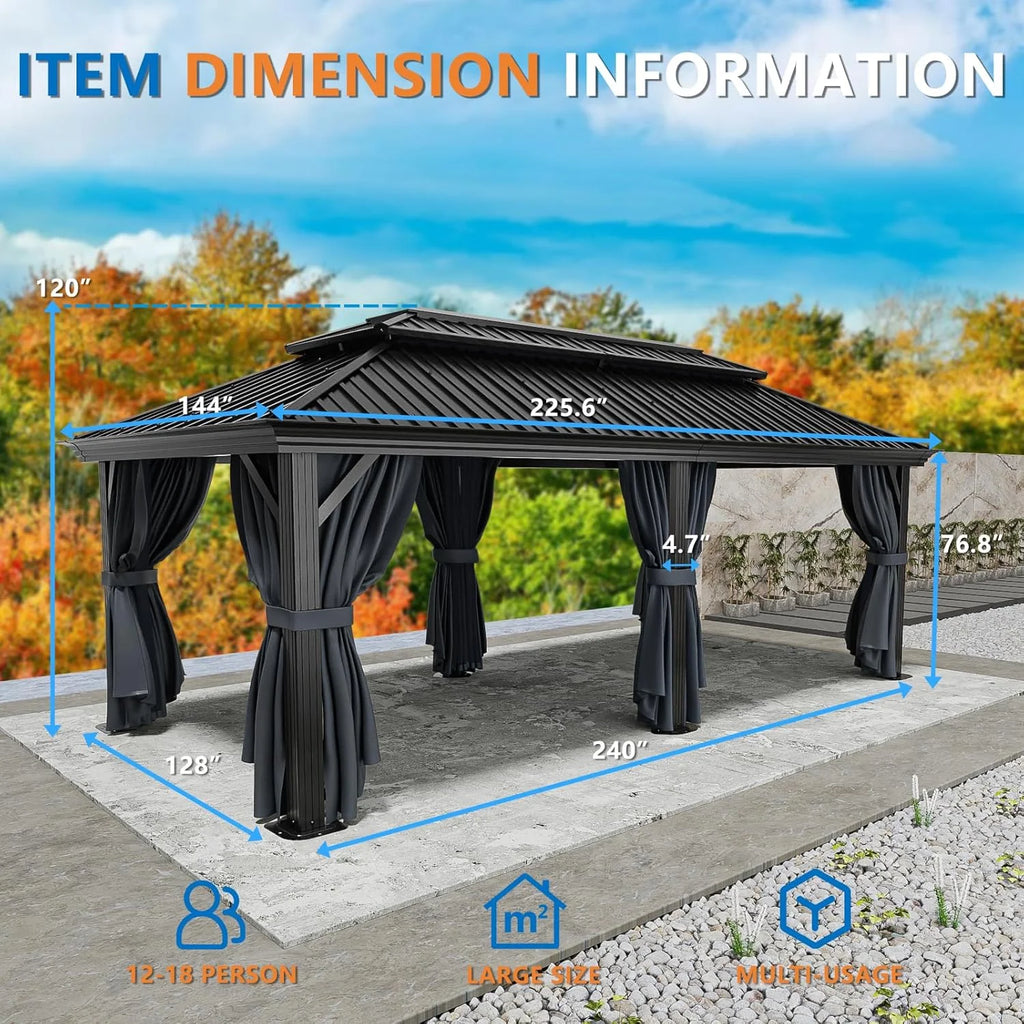 COBIZI 10x12 Hardtop Gazebo Aluminum Gazebos with Galvanized Steel Double Roof Metal Gazebo with Curtains and Netting Permanent Steel Gazebo for Backyard, Garden and Patio, Brown
