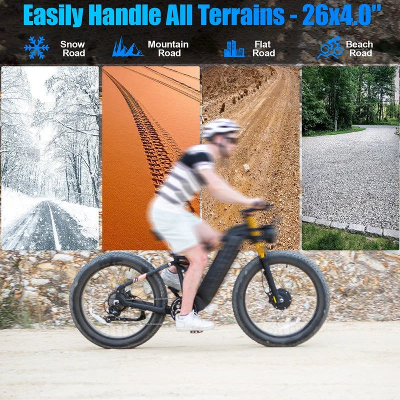 Dual Motors AWD 2000W Electric Bike for Adult 26'', UL2849 48V 30AH Removable Battery E-mountain bike 4.0 Fat Tire up to 35MPH&120Miles Long Range Off-road Ebike Beach Dual Hydraulic&Brakes E-Bicycle