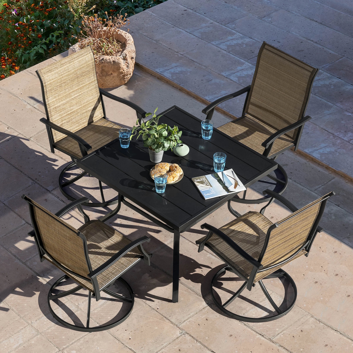 Nuu Garden 5 Piece Outdoor Patio Dining Set, Metal Patio Furniture Set 4 Textilene Swivel Chairs and 37" Square Iron Umbrella Dining Table,Black and Brown