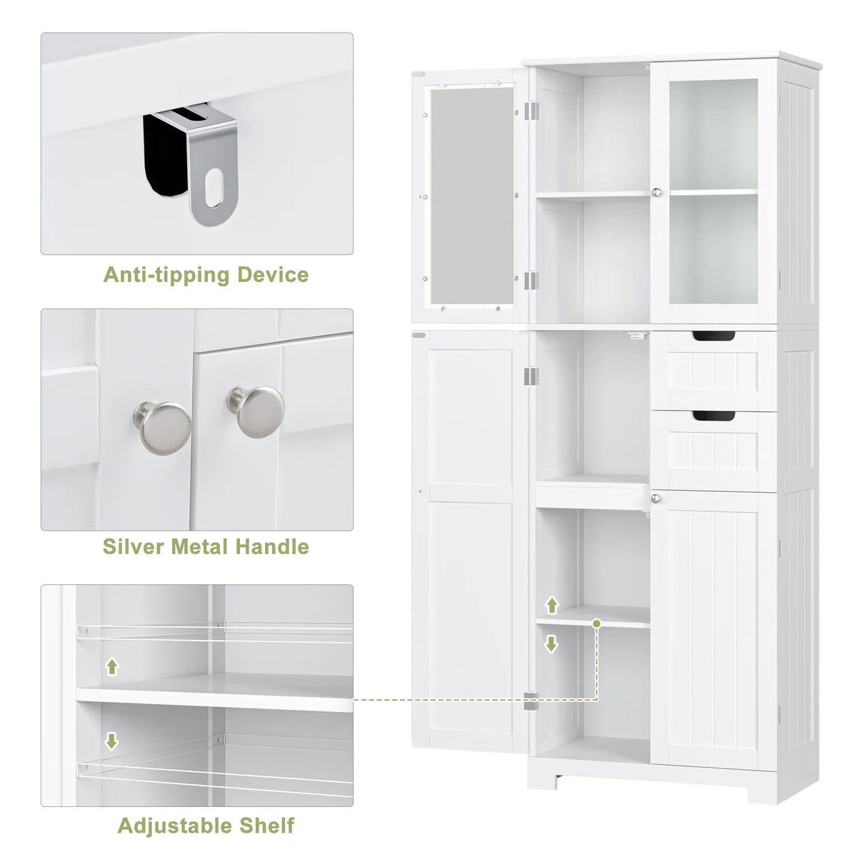 Homfa 67" Tall Bathroom Cabinet, White Linen Cabinet with Doors and Removable Drawers, Kitchen Cupboard