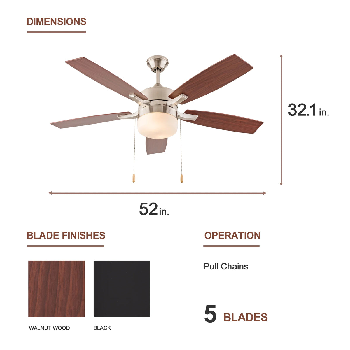 Simpol 52" Prominent Indoor Ceiling Fan with LED Light, Pull Chain and Remote Control, Reversible AC Motor, Walnut/Silver Reversible Blades and Satin Nickel Finish