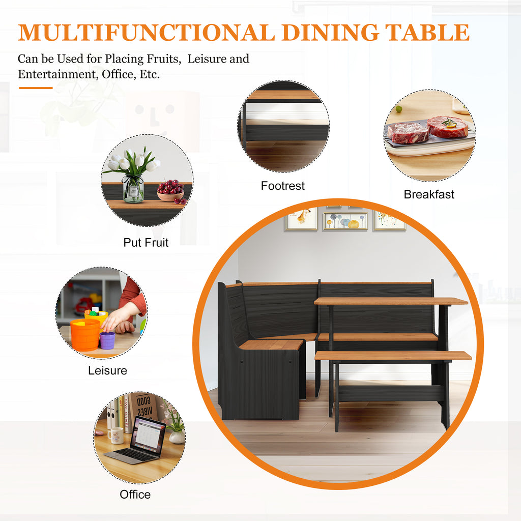 Breakfast Nook Kitchen Corner Dining Table Bench Chair Set, Space-Saving 3-4 Seat L-Shape Farmhouse Mid Century Modern Style for Family Home Black Wood