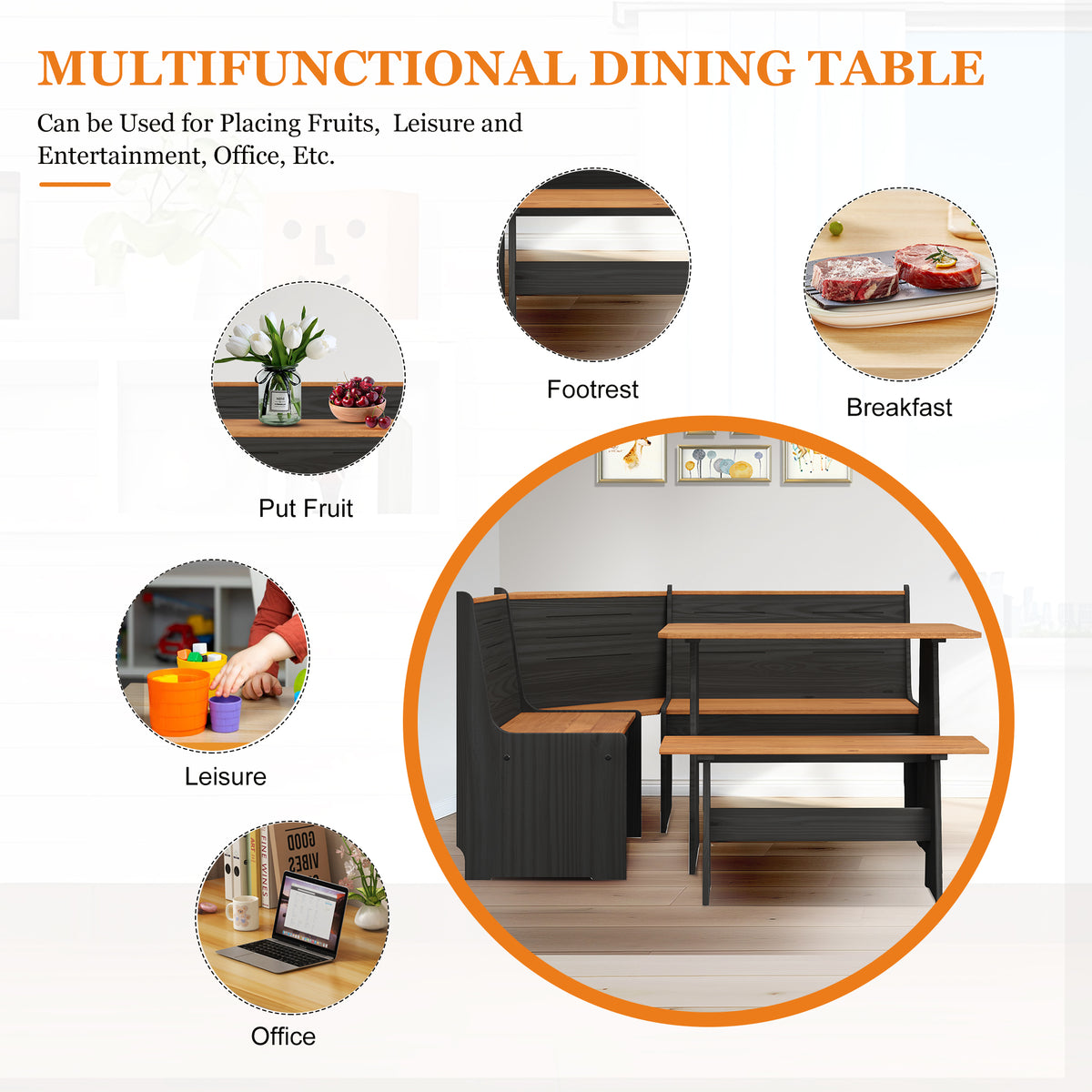 Breakfast Nook Kitchen Corner Dining Table Bench Chair Set, Space-Saving 3-4 Seat L-Shape Farmhouse Mid Century Modern Style for Family Home Black Wood