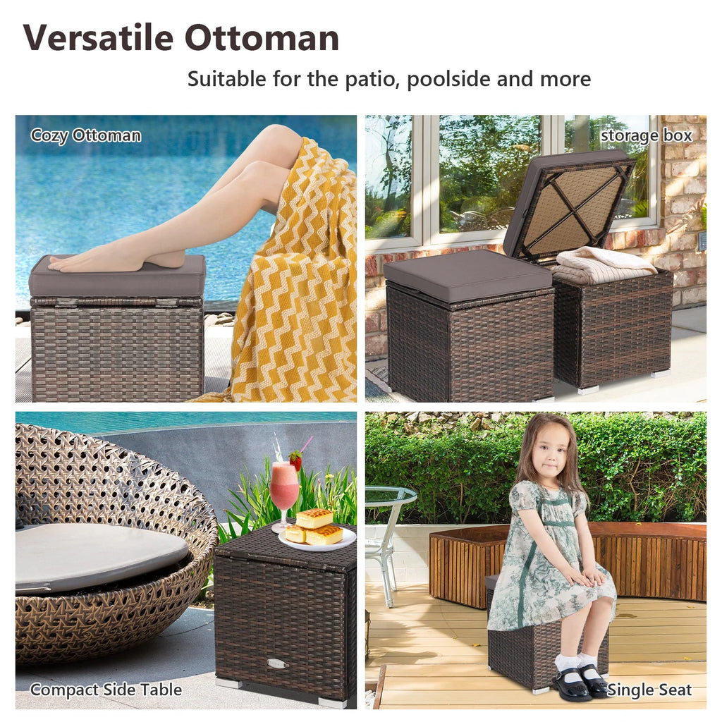Costway 2PC Patio Rattan Ottoman Seat Side Table Storage Box Footrest Off White