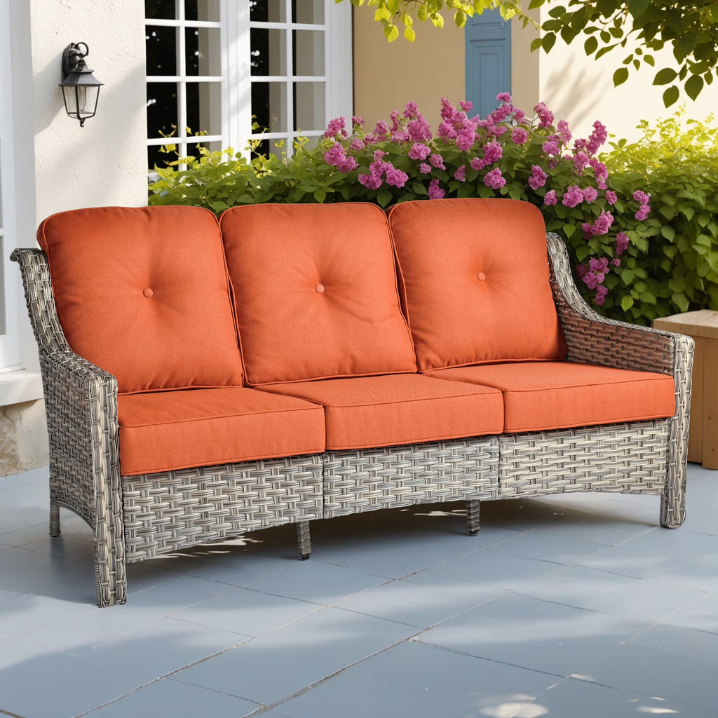 Ovios Outdoor Patio Sofa 3-Seater with Cushions All-Weather Wicker Rattan Couch for Garden, Porch, or Backyard