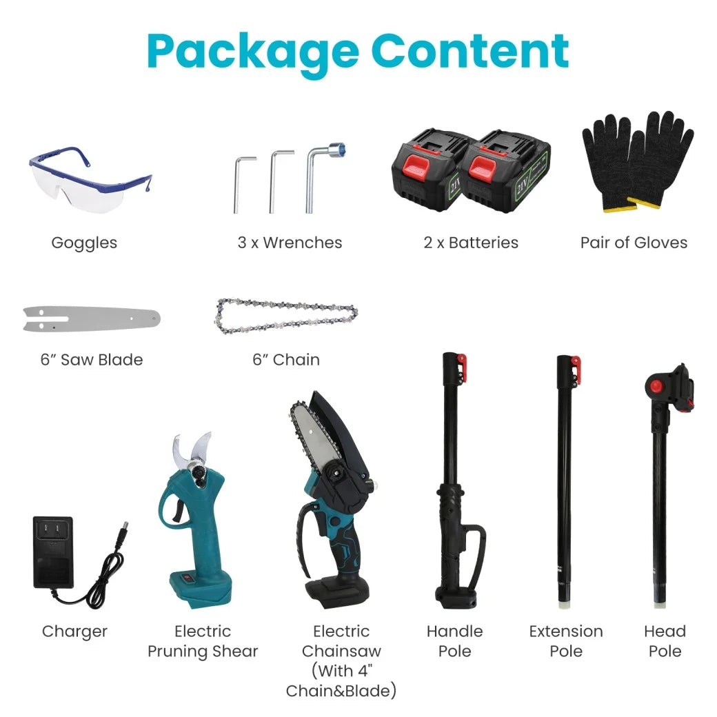 4-in-1 Pole Pruning Shears, Electric Pruning Shears & pole saws for tree trimming with 7 adjustable head angles,Cordless Pole Shears and Battery Pole Saw with 2Pcs 3000mAh rechargeable batteries