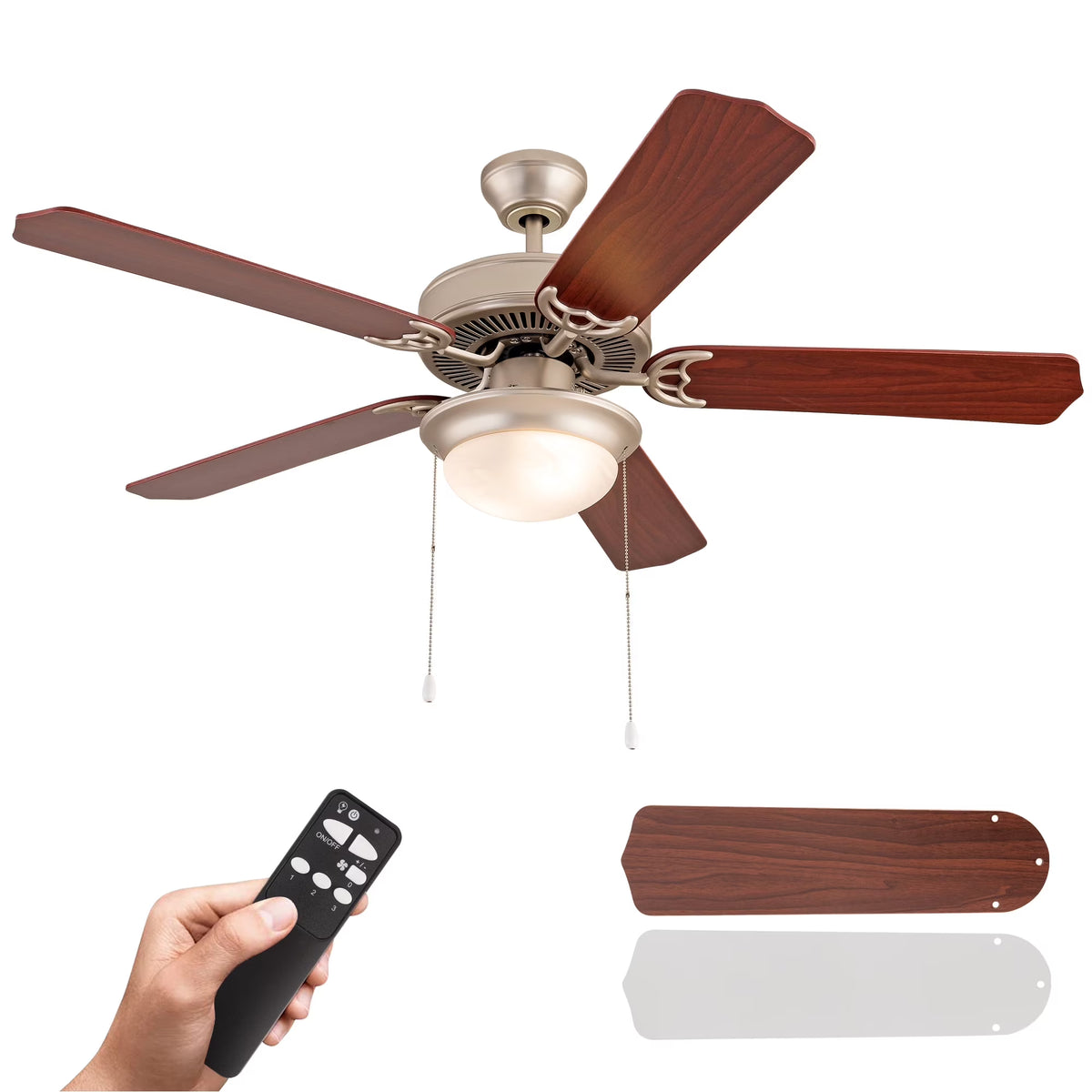 Simpol 52" Prominent Indoor Ceiling Fan with LED Light, Pull Chain and Remote Control, Reversible AC Motor, Walnut/Silver Reversible Blades and Satin Nickel Finish